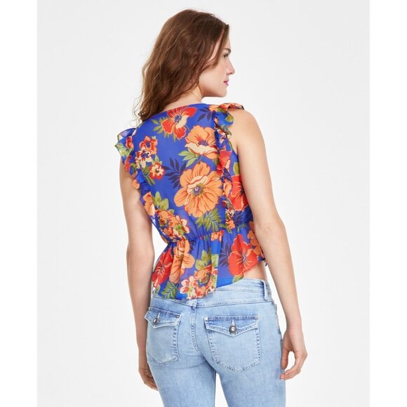 GUESS Women's Rossella Printed Ruffled Top Blue Size M MSRP $89 - Picture 4 of 4